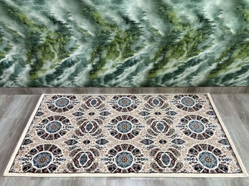 Image of Premium Runner Carpet, Vintage Medallion Pattern, Non Slip, Thick, Ideal for Bedroom, Living Room & Entryway, 3x5 Feet Ivory Multi Color