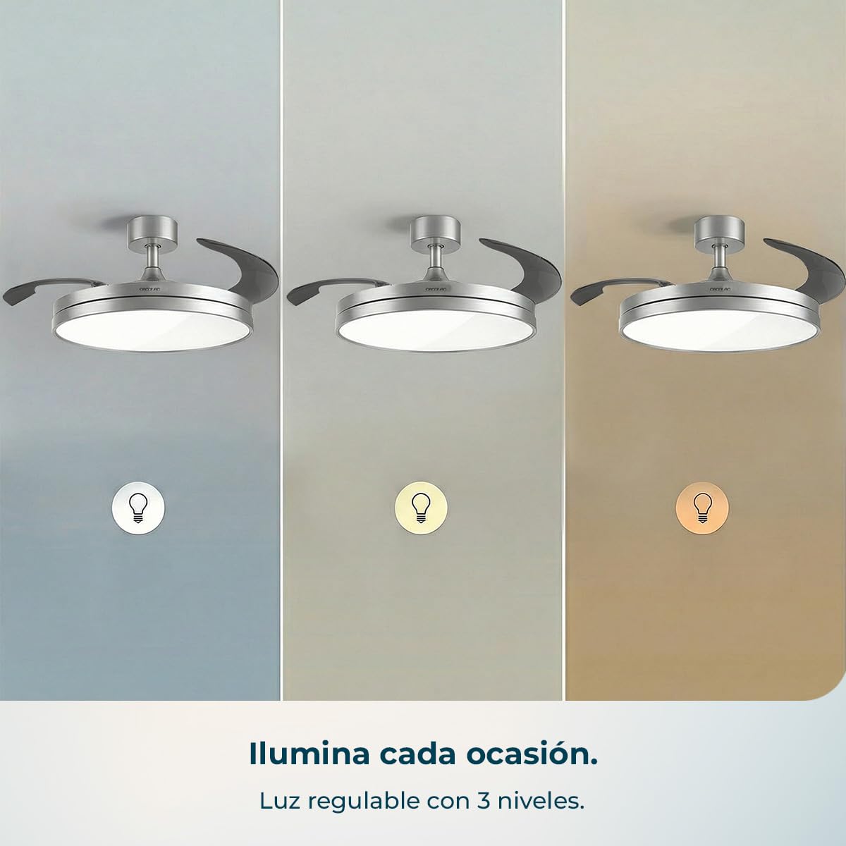 Cecotec Ventilador de Techo con Luz con Aspas Retráctiles EnergySilence Aero 2440 Invisible Pure Steel. 30W, Motor DC, Mando a Distancia, Temporizador 6h, 6 Velocidades, Función Winter-Summer