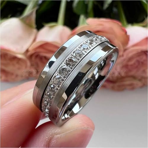 8mm Black Tungsten Carbide Ring for Men Women CZ Stone Eternity Engagement Wedding Band Pipe Cut Polished Shiny3