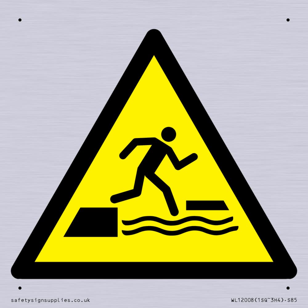 W068 Warning: Falling into water when stepping on or off a floating surface Sign - 85x85mm - S85, Yellow/White