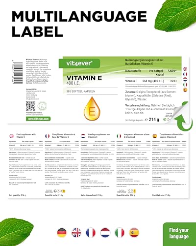 Vitamin E 400 I.E. natürlich - 365 Softgel Kapseln - Premium: Natürliches Vitamin E aus Sonnenblumen - 12 Monatsvorrat - Hochdosiert