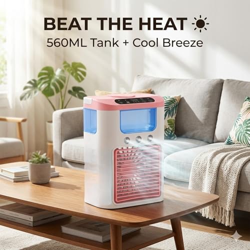 Image of Drumstone Portable Mini Air Cooler Fan with Water Tank, USB Personal Air Conditioner, 3 Speed Cooling Fan with Mist Spray, Quiet Desktop Cooling Fan for Home Office Bedroom Summer Cooler - Pink