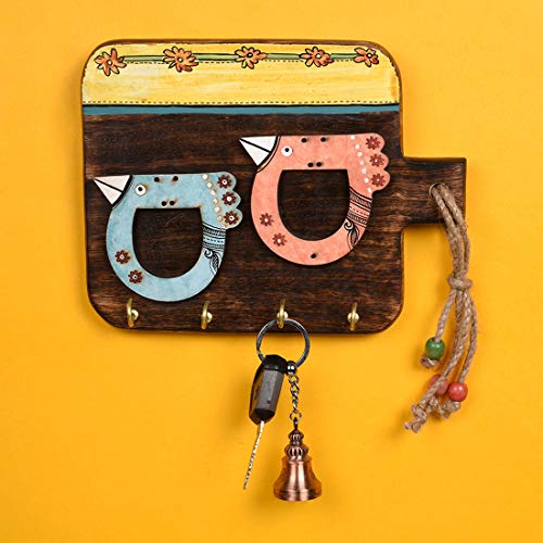 Image of AAKRITI ART CREATIONS Key Holder, Handcrafted Tribal Art Two Birds Design Key Hanger | Rustic Wood Wall Organizer with 4 Hooks | New Home Gifts | Multifunctional Entryway Decor