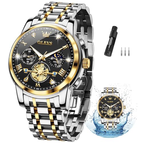 OLEVS Mens Black Face Watches Luxury Watch for Men Silver and Gold Chronograph Men Diamond Watch with Day Date Mens Waterproof Analog Quartz Roman Numerals Relojes para Hombres