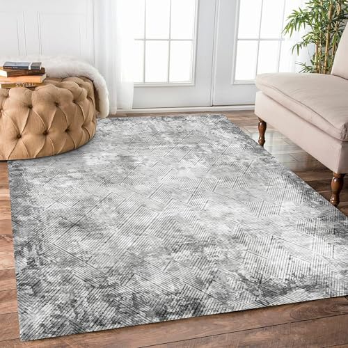 9' x 12' Washable Area Rug - Low Pile Soft Vintage Indoor Rug for Living, Dining or Bedroom - Lightweight Carpet with Non-Slip Backing - Foldable for Easy Placement, Grey