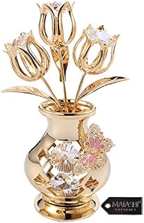 Matashi Beautifully Crafted Tulips In A Vase Table Top Ornament Dipped In 24k Gold Plating Made with Genuine Crystals (Butterfly, Clear Crystal)