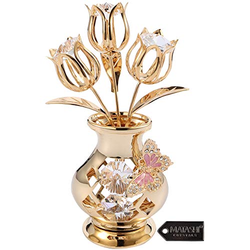 Matashi 24K Gold Plated Crystal Flower Bouquet Figurine – Elegant Gifts for Her, Mom, Wife, Daughter – Decorative Table Centerpiece Butterfly Studded Gift for Mothers Day, Birthday, Anniversary