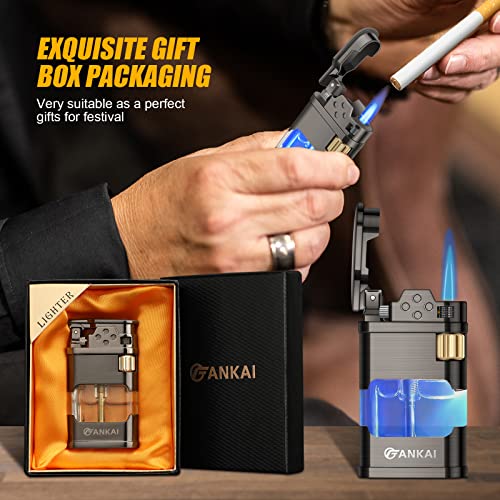Torch Lighter With Led Light,Fankai Butane Lighter Single Jet Flame-Butane Torch Lighter With 6Pcs Replaceable Flints,Refillable Cool Lighters With Abs Fuel Tank,Retro Grinding Wheel Windproof Lighter #TOP6