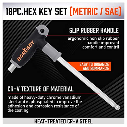 Image of HORUSDY 18-Piece T-Handle allen wrench set, Inch /Metric Long Arm Ball End Hex Key Wrench Set, MM(1.5mm-10mm) SAE(1 /16 inch-3 /8 inch)