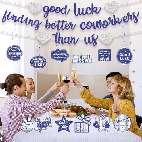 Image of Pre-Strung Glitter Good Luck Finding Better Coworkers Than Us Banner, Blue Silver Going Away Party We Will Miss You Decorations, Great for Goodbye Farewell Job Change Party