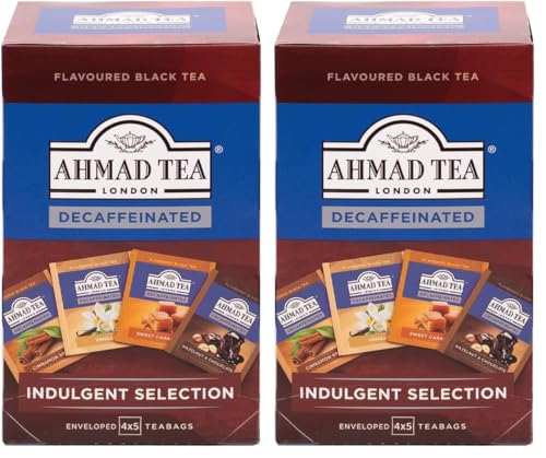Ahmad Tea - Ahmad Tea - Indulgent Selection - Koffeinfreier Schwarztee - Haselnuss & Schokolade, Zimt, Vanille und Süßer Karamell - Aromaversiegelte Teebeutel mit 2g Tee pro Portion - 20 (4x5) Teebeutel mit Band