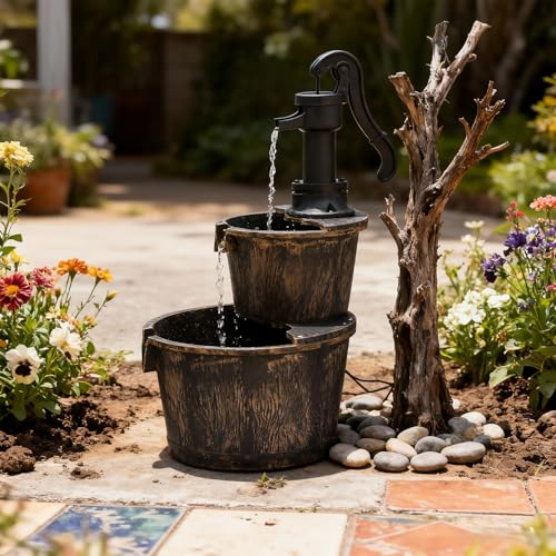 Athena Collection 27'' Height Electric Waterfall Fountain 2 Tier Stepped Barrel Vintage Fountain Polypropylene with Pump Freestanding Floor Tabletop Fountain for Outside, Patio, Garden, Bronze