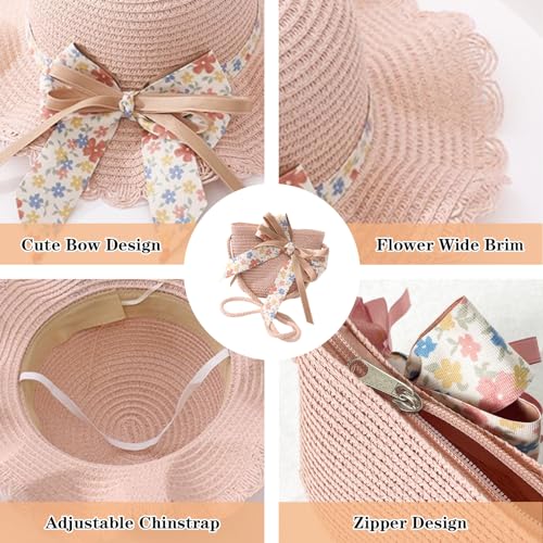 Kids Girl Summer Straw Hat Bag Set Cute Bow Sun Cap Girl Foldable Wide Brim Hat Sun Protection Floppy Beach Cap3