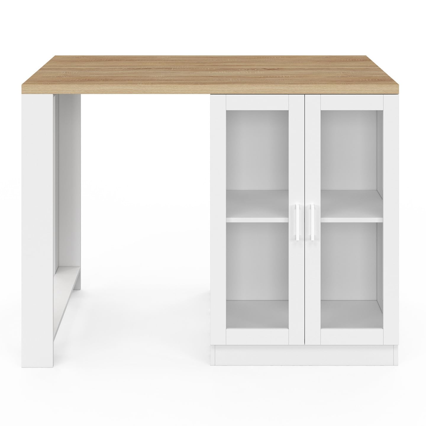 IDMarket - Ilot Central Lino 120 cm 2 Personnes Bois Blanc et Plan de Travail façon hêtre et Portes vitrées