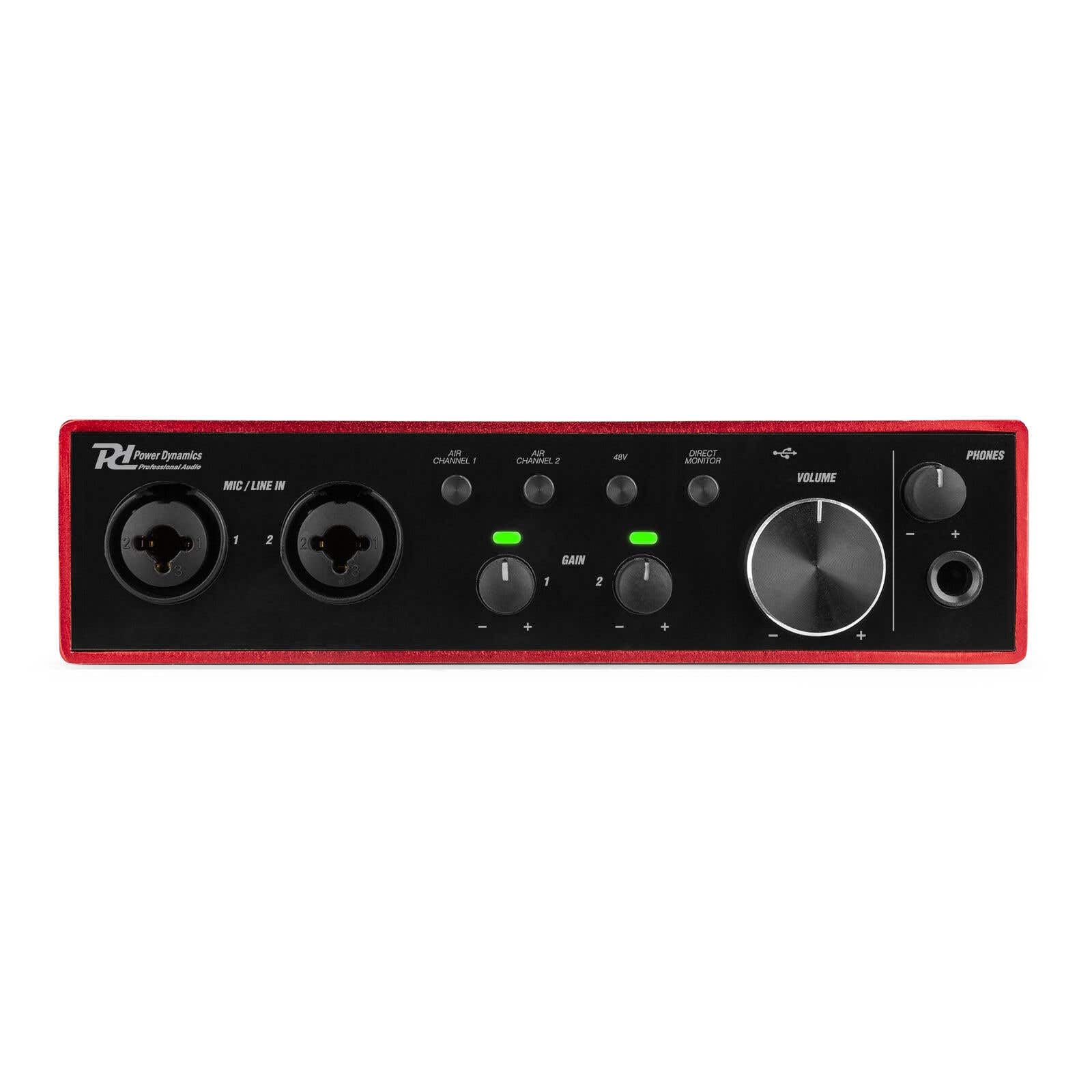 Power Dynamics PDX22 Interfaccia audio USB - Alimentazione phantom 48 V, Cavo USB-C incluso, 2 ingressi Micros/Strumenti, 1 uscita cuffie, ideale per musicisti, compositori e Home Studio