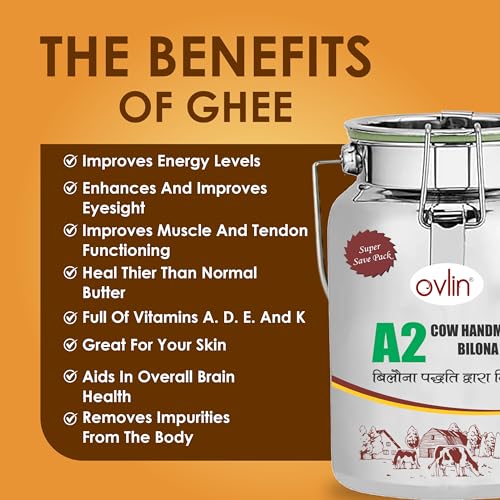 Image of Ovlin A2 Desi Cow Ghee | Handmade Bilona Method Ghee | Pure Desi Cow Milk | Traditional Vedic Bilona Process | 100% Natural, Preservative Free | Rich in Vitamins A, D, E & K | Pure A2 Bilona Cow Ghee for Cooking & Daily Nutrition 5L