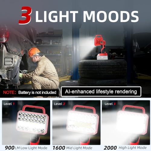 Image of Cordless LED Work Light for Milwaukee 18V Battery, 2000LM Portable Handheld Flashlights Tool with USB Port and 3 Brightness Modes for Camping, Fishing, Job Site, Indoor & Outdoor Use