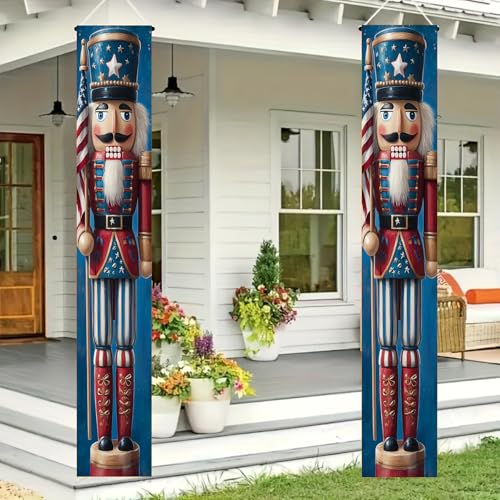 Image of BlissYard Patriotic Nutcracker Door Banner Star Stripe Independence Day Hanging Banner Nutcracker Decor for Memorial Day Independence Day Door Cover Front Porch Wall Home Patriotic Decor 12x72 Inch