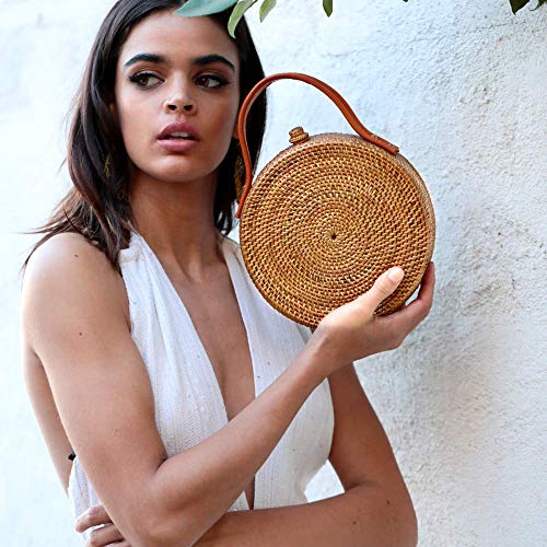 Image of Novum Crafts Round Rattan Bag for Women - Handmade Ata Wicker Woven Purse - Circle, Square, Oval Brown Straw Boho Bags