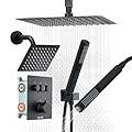 VEVOR Shower Faucet Set, 12 Inch Thermostatic Ceiling Mount Rainfall Shower System with 6 Inch Wall Mount Head and 2 in 1 Handheld Spray, 3-Function Dual Rain Head Brass Valve & Trim Kit, Matte Black