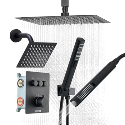 VEVOR Shower Faucet Set, 12 Inch Thermostatic Ceiling Mount Rainfall Shower System with 6 Inch Wall Mount Head and 2 in 1 Handheld Spray, 3-Function Dual Rain Head Brass Valve & Trim Kit, Matte Black