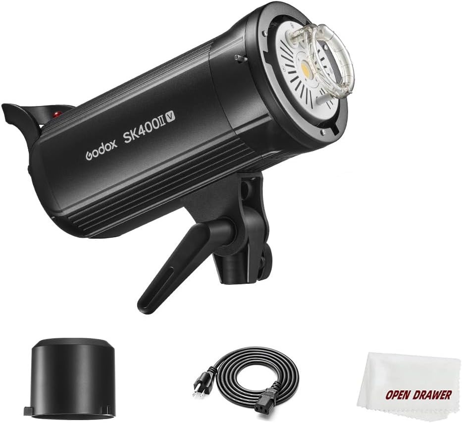 Godox SK400II-V Strobe Light with a standard reflector attached.
