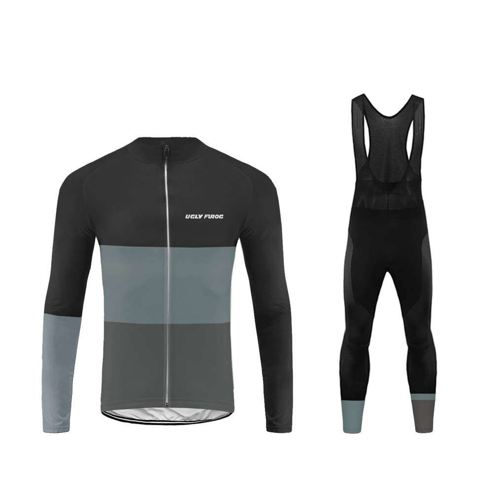 UGLY FROG Herren Radtrikot Set, Winter Warm Fleece Atmungsaktiv Quick-Dry Lange Ärmel Radsport-Shirt + Gel Gepolsterte Lange Hosen