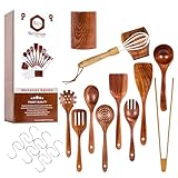 Renexas 12 Pcs Wooden Spoons for Cooking Utensils, Natural Teak Wooden Cooking Spoons with Nonstick Spatula Set, Bamboo Kitchen Utensils With Holder, Wood Spoon Set for Kitchen Essentials
