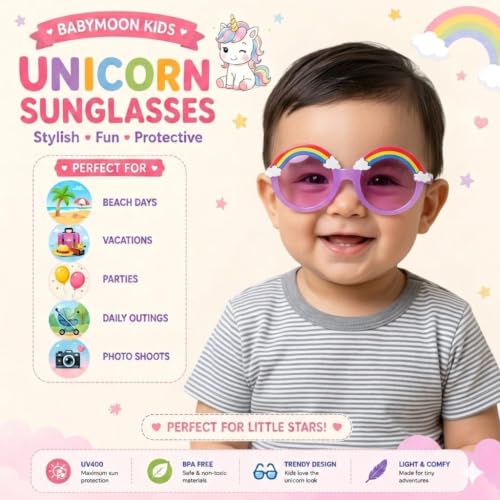Image of BabyMoon Kids Unicorn Shaped Summer Sunglasses Goggles For Baby Girls & Boys | 2-8 Y | Purple
