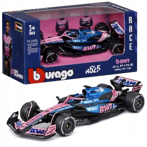 Bburago   F1 BWT Alpine A525 2025#10 Gasly, Coche diecast a Escala 1:43 con Detalles auténticos, réplica F1 Alpine, decoración Azul/Rosa, Licencia Oficial, Edad Recomendada 3+ años