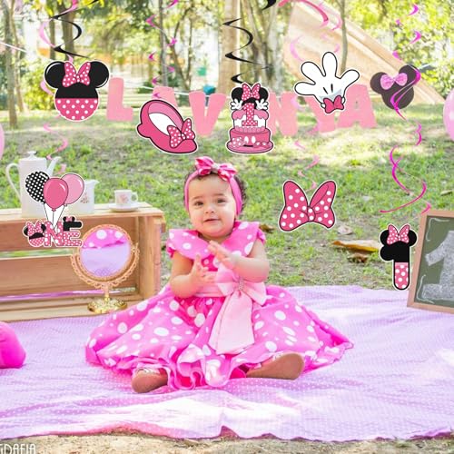 Image of Pink 1st Birthday Hanging Swirl Decorations,Mouse Birthday Party Ceiling Streamers,Pink Mouse Theme Party Supplies,Party Favors for Girls Kids(38 Pcs)