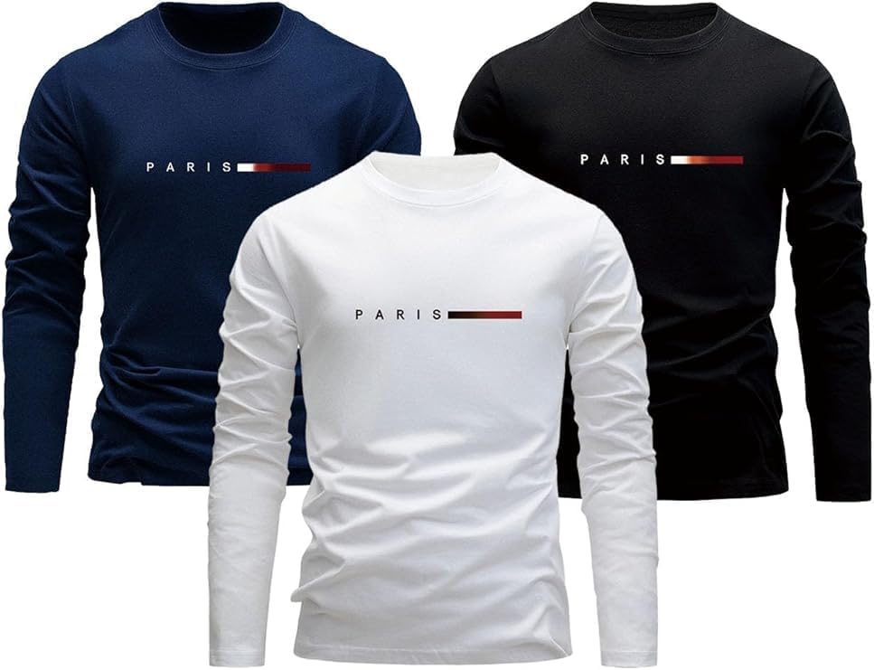 Men's Long Sleeve T-Shirt with Paris Print, Breathable Cotton, 3 Prak