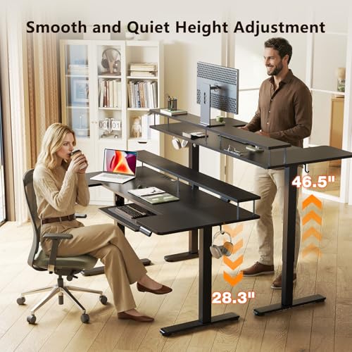 Image of OffiGo U Shaped Electric Standing Desk with Keyboard Tray, 63 Inch Height Adjustable Desk with Power Outlets & LED Lights, Sit Stand Table with Monitor Stand for Home, Office, Black