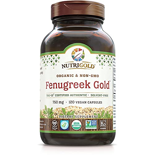 Nutrigold Organic Fenugreek Gold - 750 mg, 120 Organic Veggie Capsules (GMO-Free, Preservative-Free, Allergen-Free Organic Fenugreek Seed Powder in Organic Capsules for Breastfeeding)