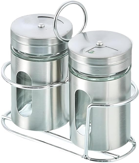 Image of INKULTURE Stainless Steel Salt and Pepper Shaker with Transparent Glass 100 ml (Set of 2) with Stainless Steel Stand for Oregano, Chilli Flakes, Sugar, Seasoning Sprinkler Dinning Table Masala Pot