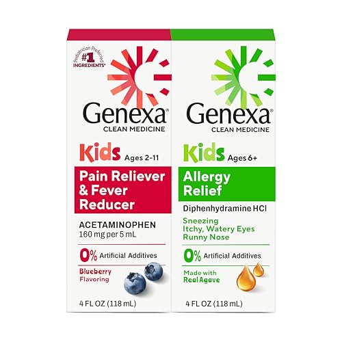 Genexa Kids Clean Allergy & Acetaminophen Medicine Combo Dye Free 0% Artificial Additives Childrens Antihistamine & Pain Reliever Fever Reducer Ages 6-11 Organic Agave & Blueberry (2 Pack)