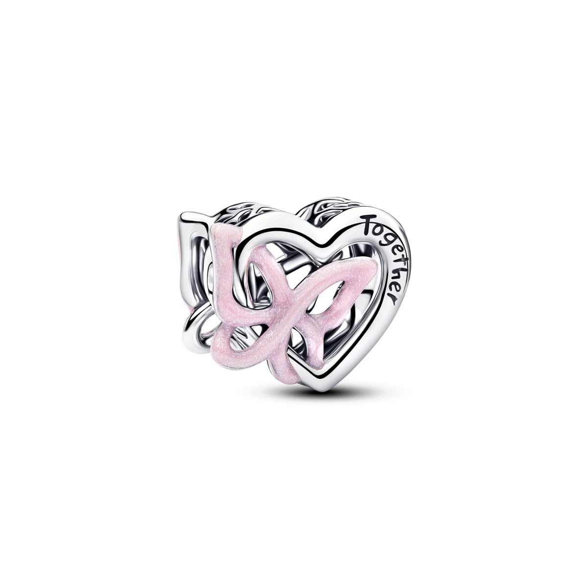 PANDORA Colgante Corazón Enrevesado y Mariposa en Plata de Ley 925 con Esmaltado Rosa, Grabado Juntos Tenemos Todo, Compatible con Moments, 794475C01