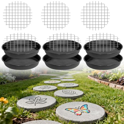 6 Pcs Stepping Stone mold with Reinforced Steel Net Round Plastic Cement molds for Concrete Dia 10.2 in/ 1.18 in Depth Black Tray Reusable DIY Form for Garden Path Walkway