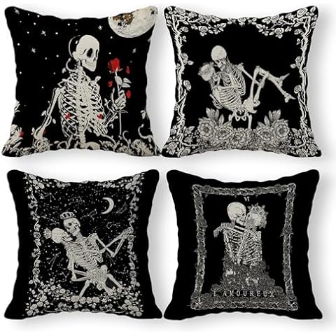 Skull The Kissing Lovers Art Linen Throw Pillow Case, 18 x 18 Inch Set of 4, Gift for Wife, Girlfriend, Gift for Couples, for Tarot Lovers, Skull Lovers, Wedding, Cushion Cover for Sofa Couch Bed Cover