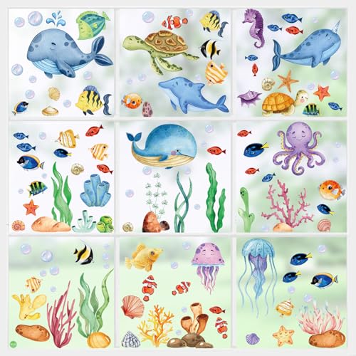 Yunkctuk Pegatinas de Ventana 9 PCS, Pegatinas Decorativas Verano Ballena Algas Marinas, No Adhesivo de Stickers Vidrio Ventana Vinilos para Sala, Habitación Niños