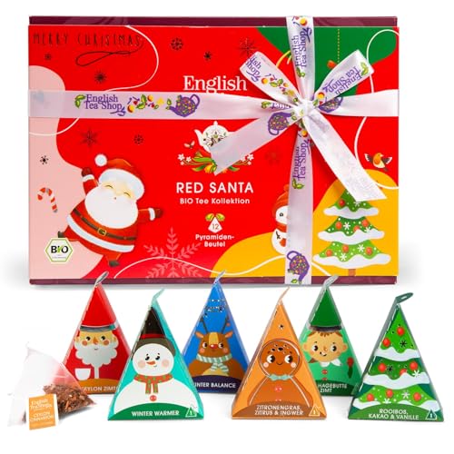 ETS - Teegeschenk mit Schleife 'Red Santa Christmas' | BIO Wintertee Set | Geschenk Weihnachten Wichtelgeschenk Weihnachtsdeko | 12 Pyramidenbeutel