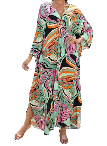 Image of Yanziliu Kaftan Dress for Women,Plus Size Hawaiian Batwing Sleeve Beach Cover Up Summer Swimsuit Dresses