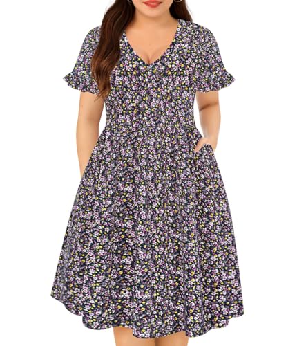Image of RITERA Plus Size Dresses for Curvy Women Summer Spring Womens Dress V Neck Short Sleeve Casual Dress with Pockets XL-5XL