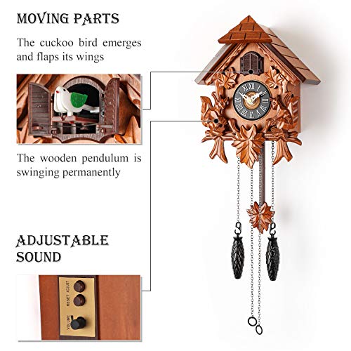 Cuckoo Wall Clock with Night Mode in Traditional German Style with Carved Squirrels (Cherry)