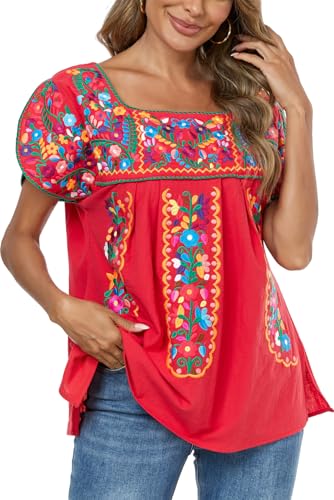 Mexican Shirts for Women Embroidered Tops Traditional Peasant Summer Tunic Blouse3