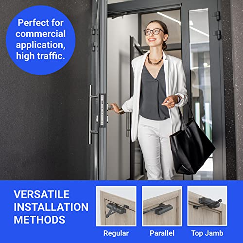 Commercial Door Closer Fs-7600B - Black Adjustable Grade 1 Commercial Standard Automatic Door Closing Mechanism – Ada Compliant - Aluminium Finish – Medium Traffic Areas - Ul Listed #TOP3