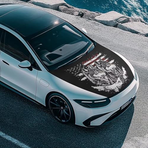 Image of American Flag Gray Wolf Print Car Hood Cover Stretch Polyester Protector for Car Hood Snowproof Automotive Accessories for Most Auto Sedans Trucks Pickup SUVs