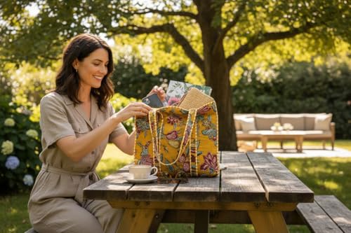 Bolso tote de algodón acolchado con estampado tropical miniatura 3