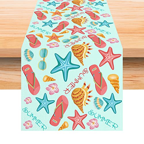 Jiudungs Linen Watercolor Beach Starfish Shell Seahorse Slipper Floral Table Runner 72 Inches Long Summer Coastal Nautical Hawaiian Party Table Decorations #TOP8