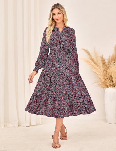 GRACE KARIN 2025 Women's Summer Floral Midi Dress Boho Long Sleeve V Neck Ruffle Casual A Line Flowy Dresses with Pocket2